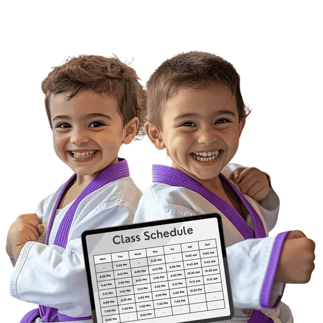 a young boy and a girl wearing karate uniforms are standing back to back and smiling