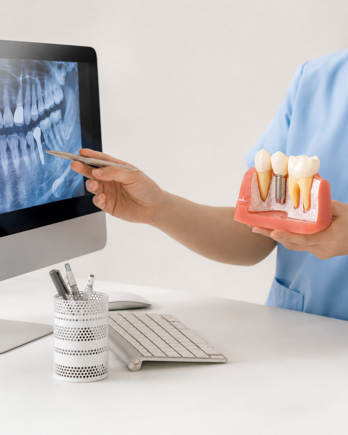 Dentist explaining tooth-saving root canal treatment versus removal