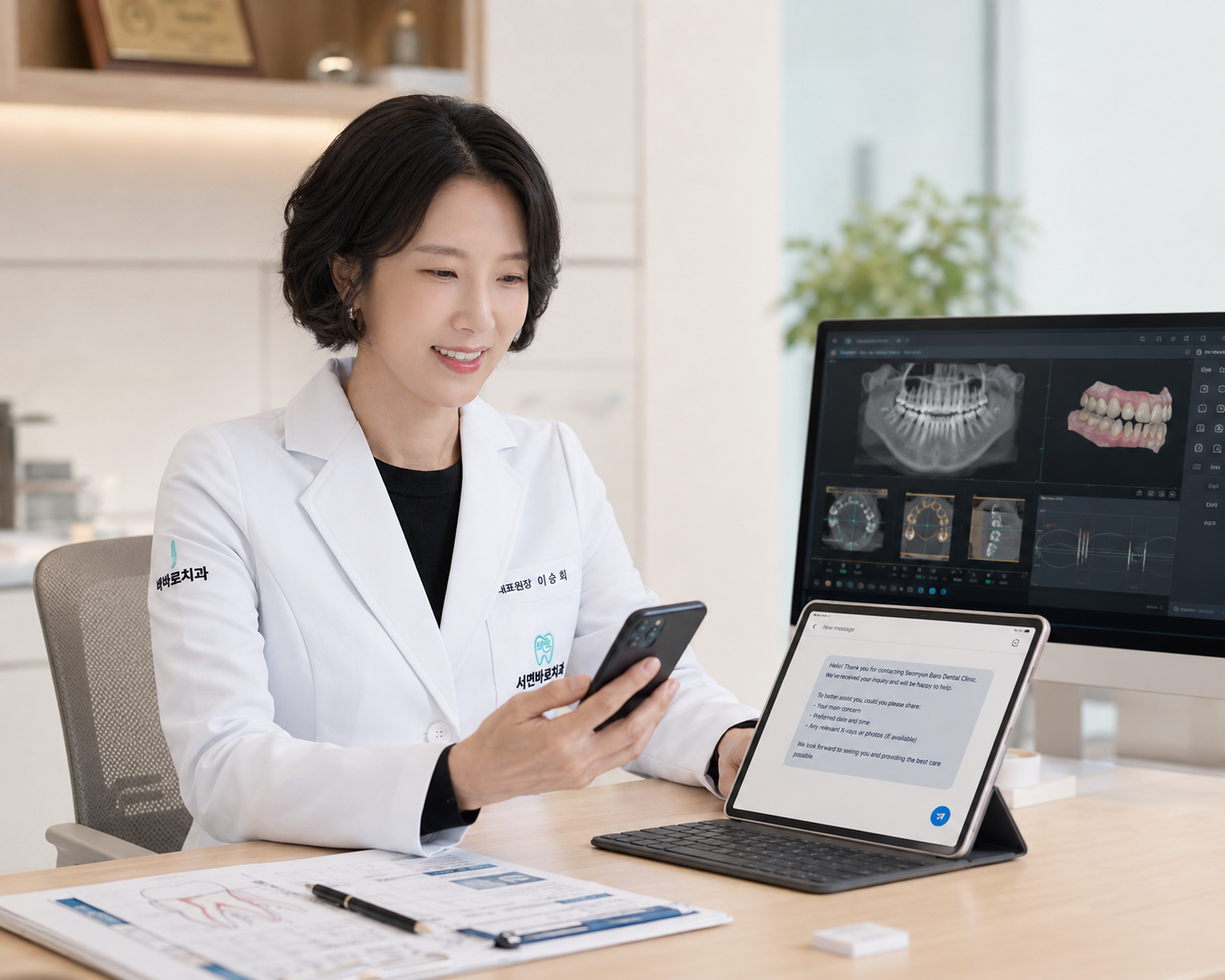Dentist reviewing a patient case and messaging in English