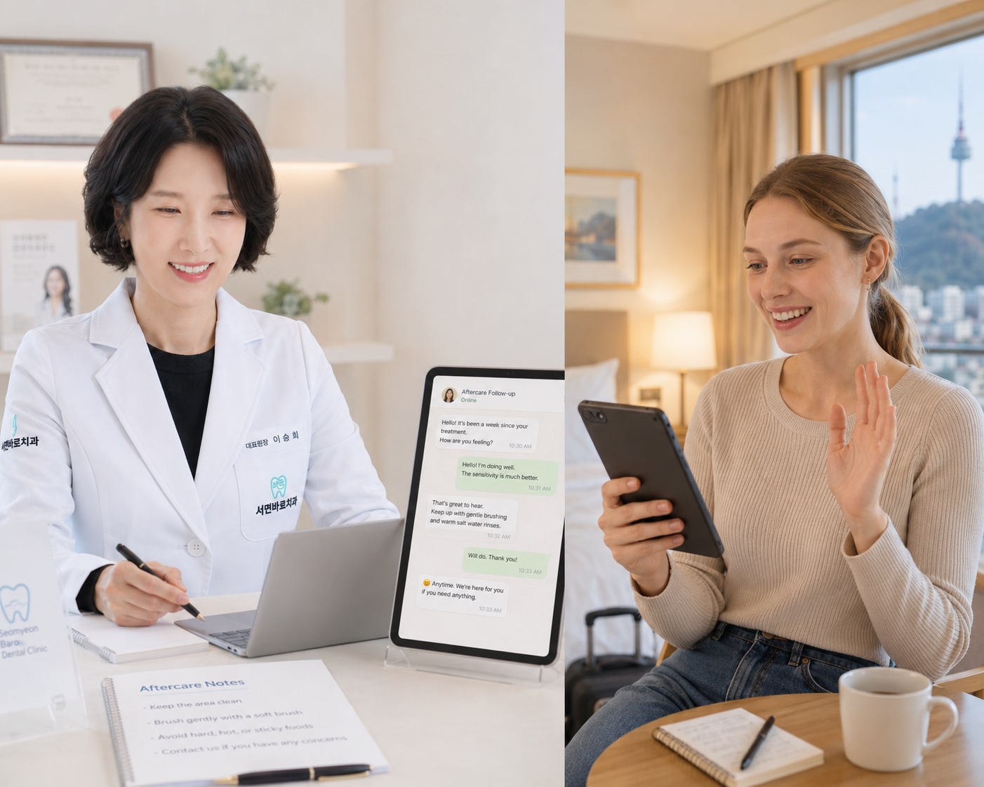 English aftercare and remote follow-up on WhatsApp