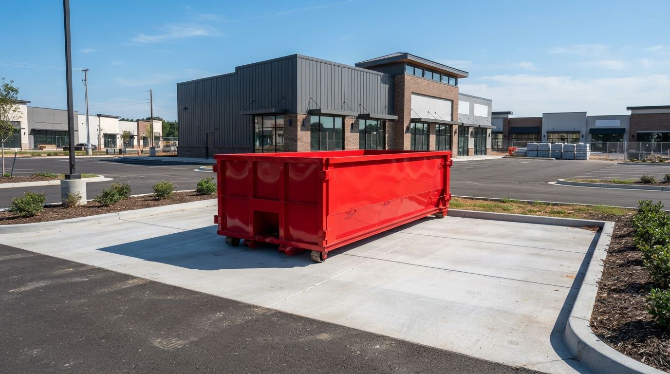 Red dumpster on a concrete pad in a commercial parking lot with modern buildings in the background