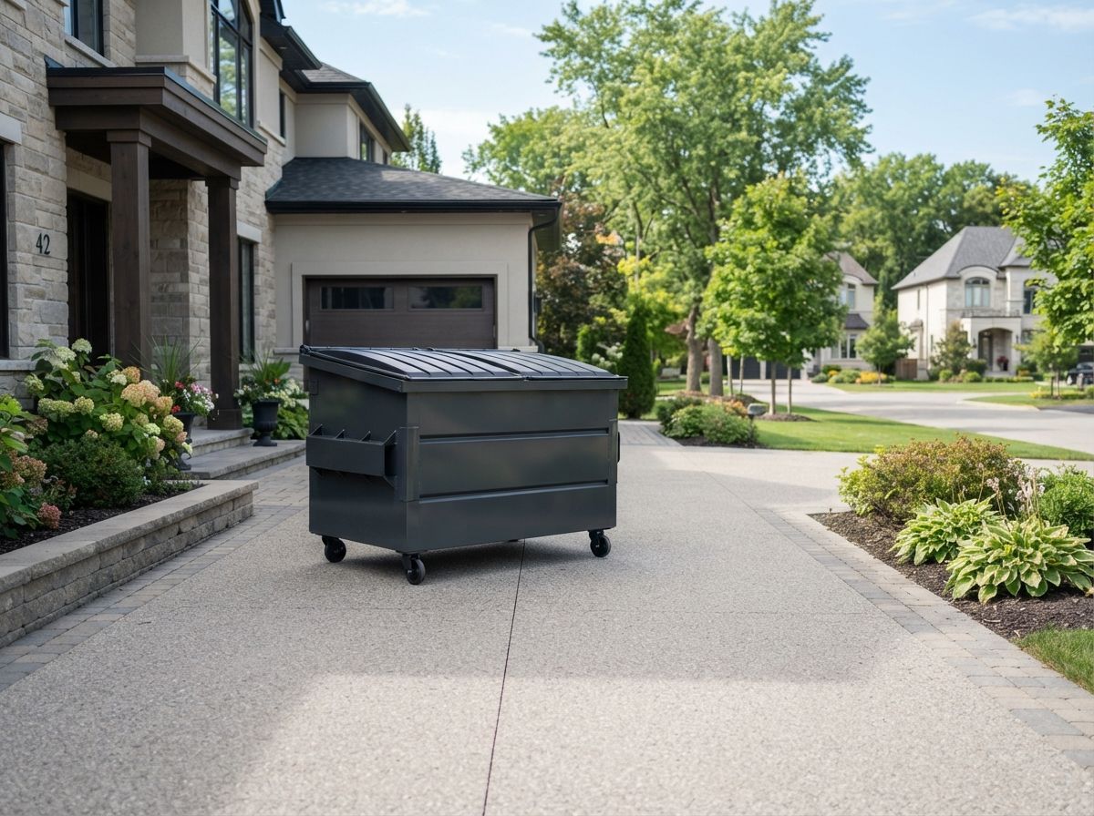 Black dumpster on a driveway beside a house in a suburban neighborhood