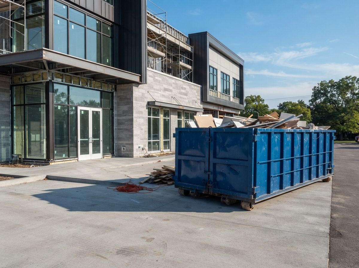 Blue construction dumpster outside a modern building on a paved lot