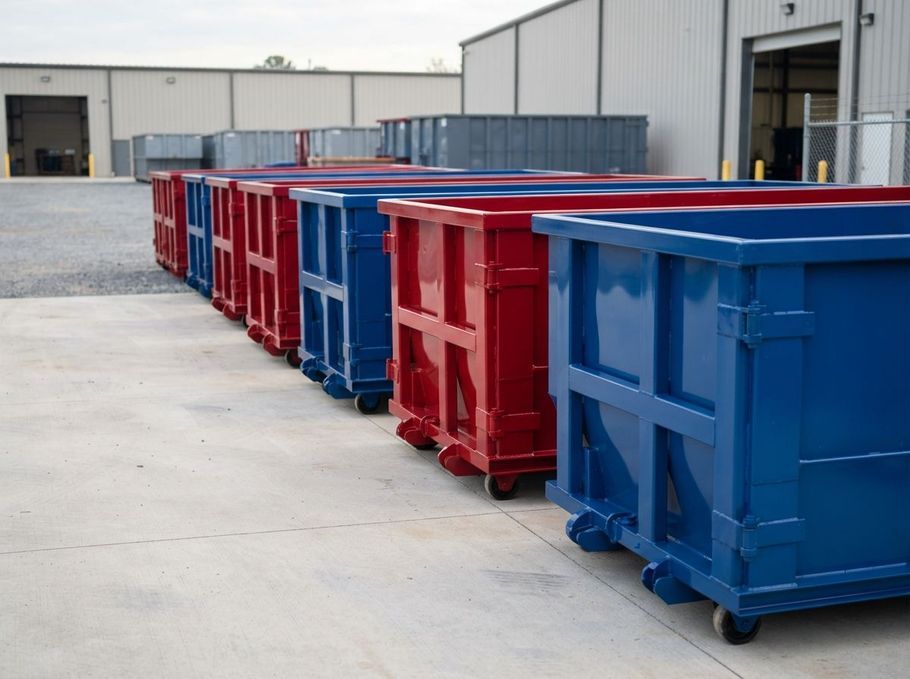 Rows of red and blue industrial dumpsters on a concrete lot beside warehouse buildings