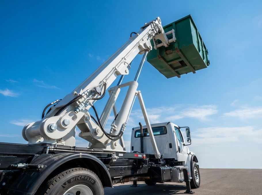 White truck with raised crane lifting a green dumpster against a blue sky