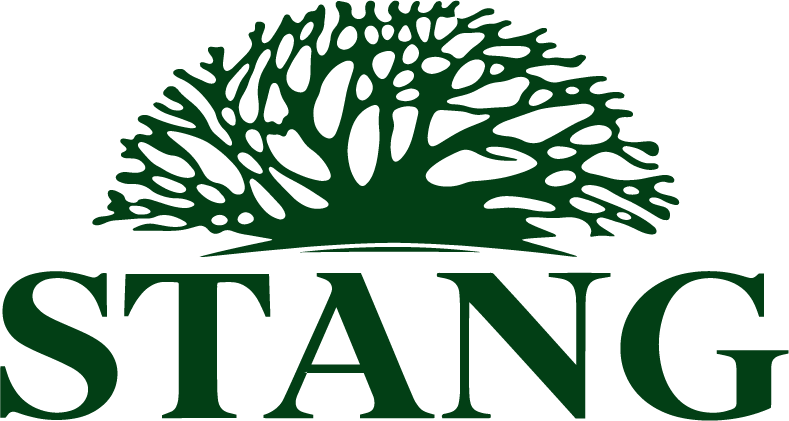 Green tree graphic above the word “STANG” in dark green serif letters