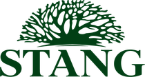 Green tree graphic above the word “STANG” in dark green serif letters