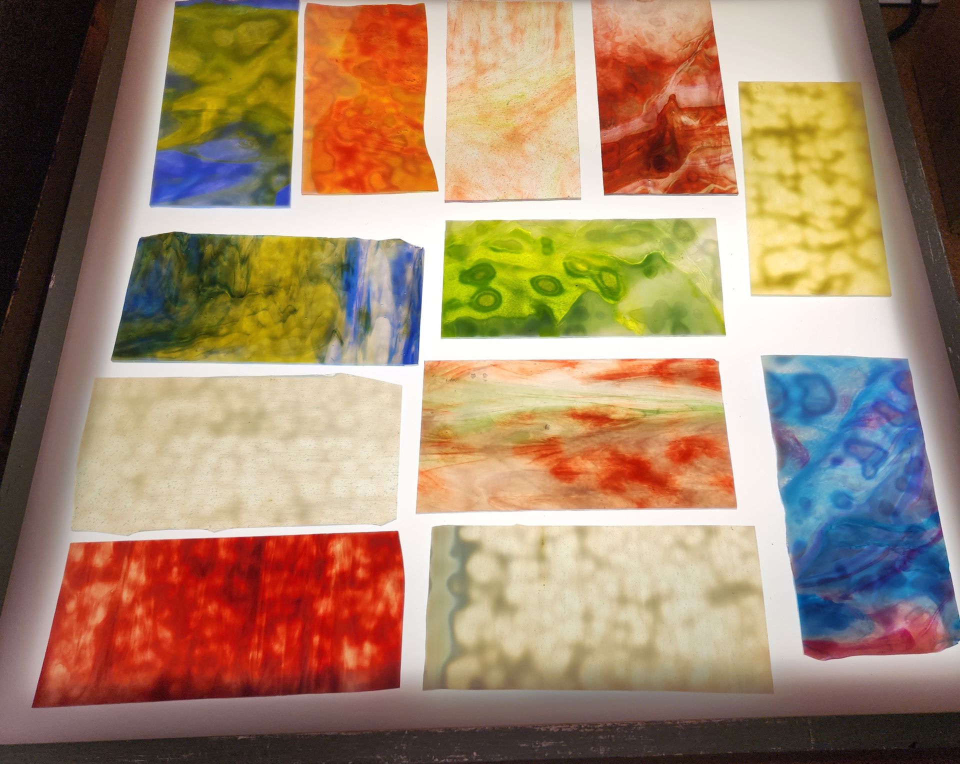 These mottle green, blue and yellow Chicago Art Glass Sheets are great for using in landscape scenes. 
