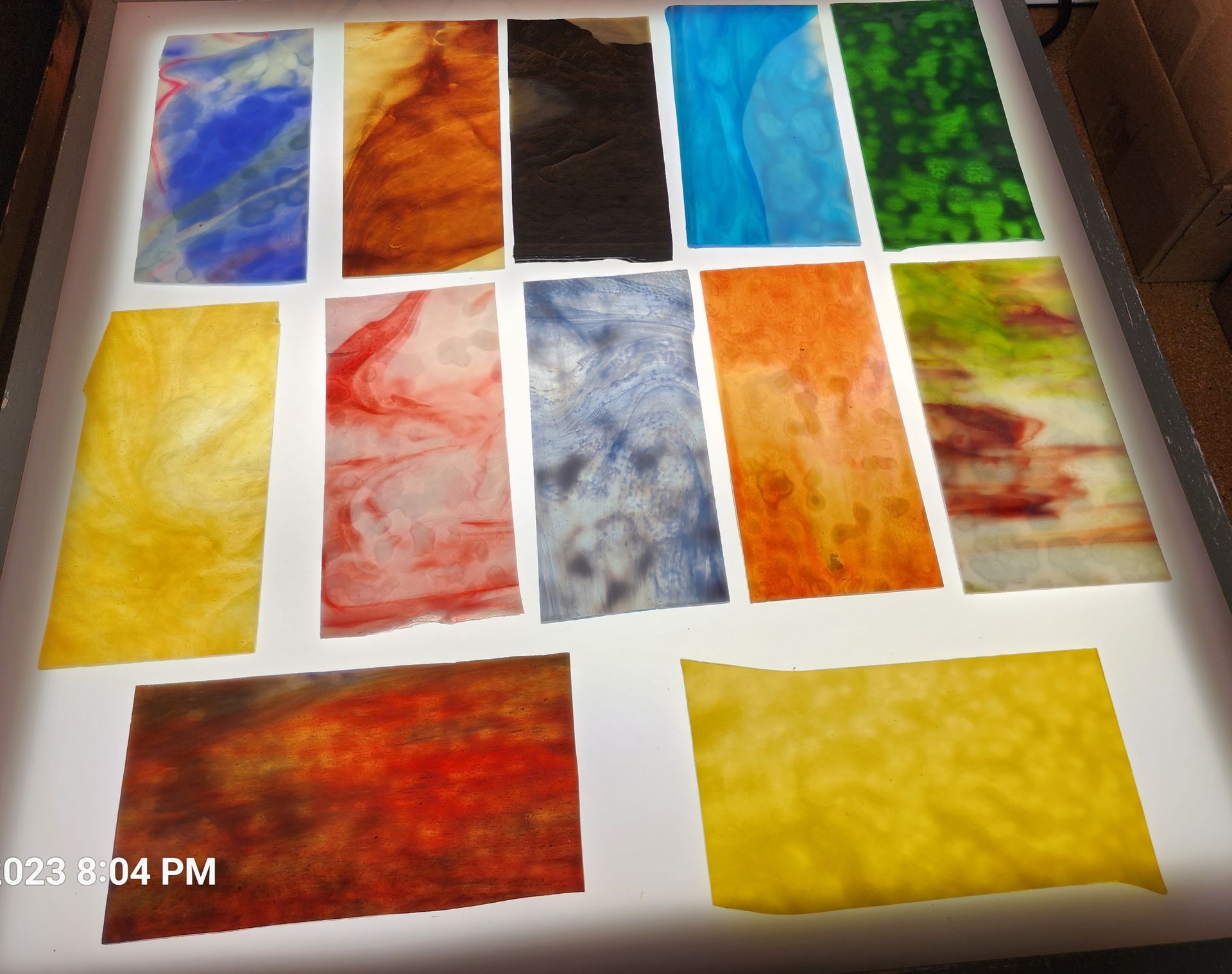 Chicago Art Glass in all the colors of the rainbow for sale at Hen Picked Antiques & Stained Glass in Hartford, WI. 