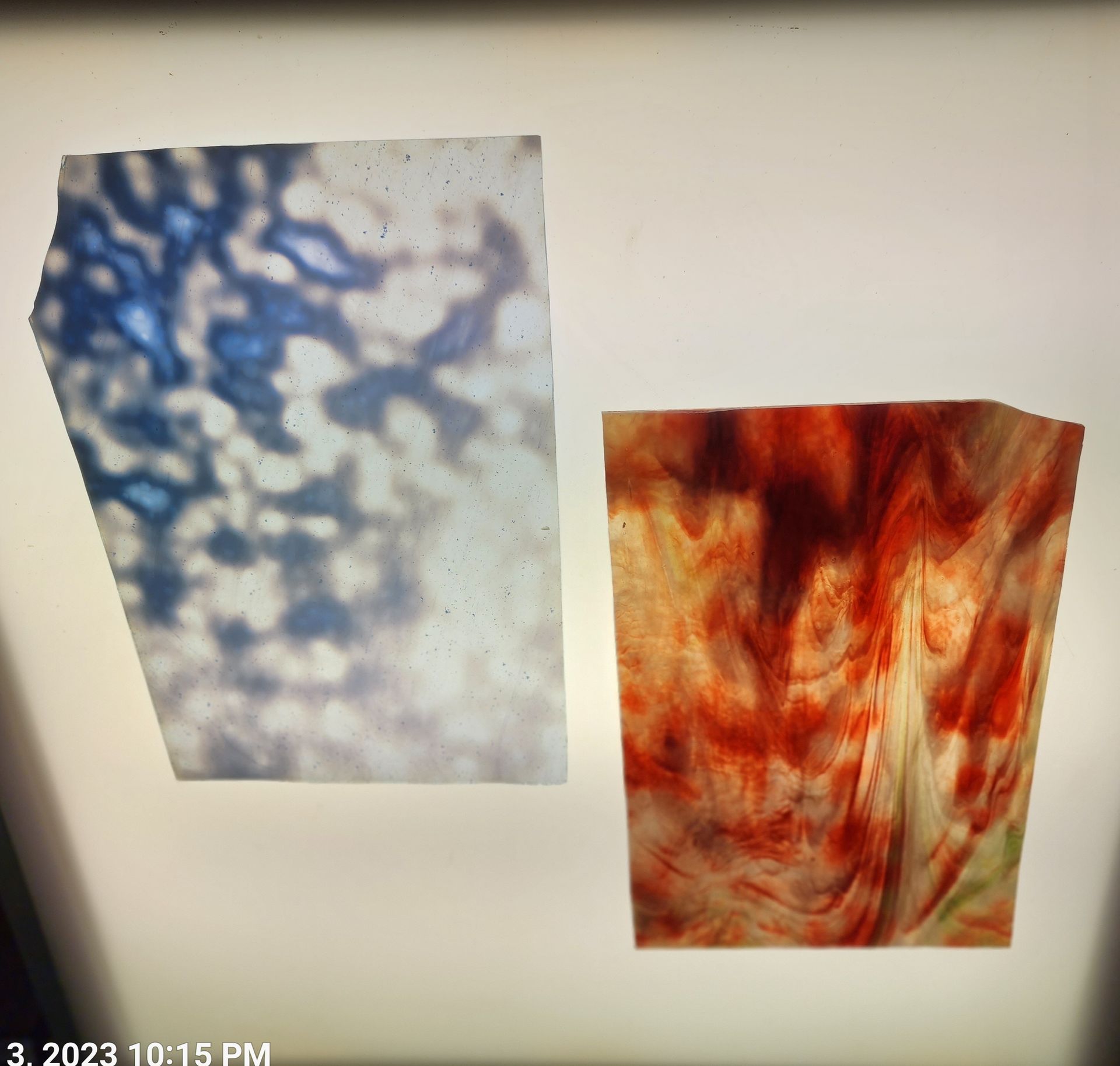 Blue and white mottle stained glass  & red with yellow undertones  glass and supplies for sale-Hartford, WI. 