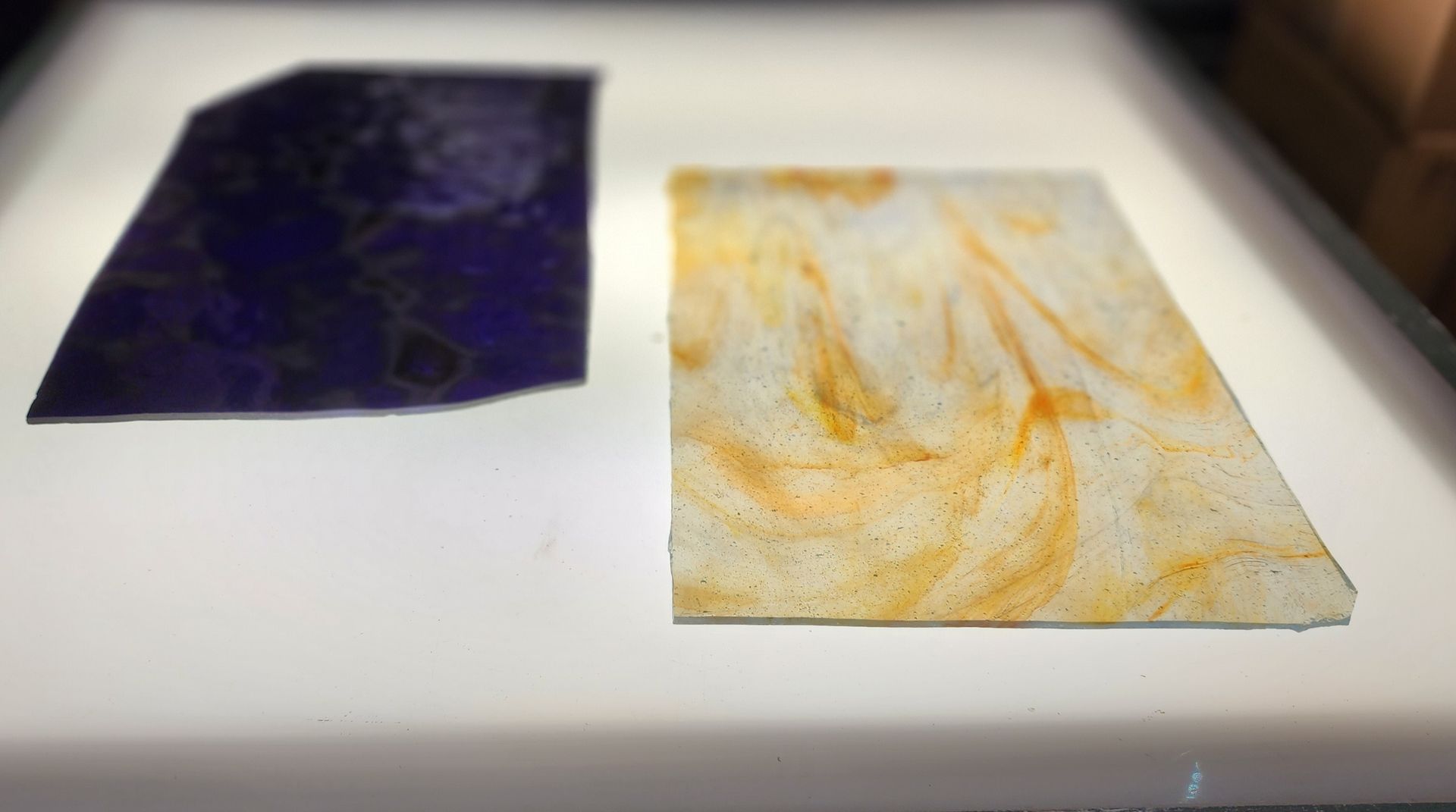 Deep, dark purple sheet glass & white Chicago Art Glass with streaks of orangey yellow-Hen Picked Antiques & Stained Glass. 