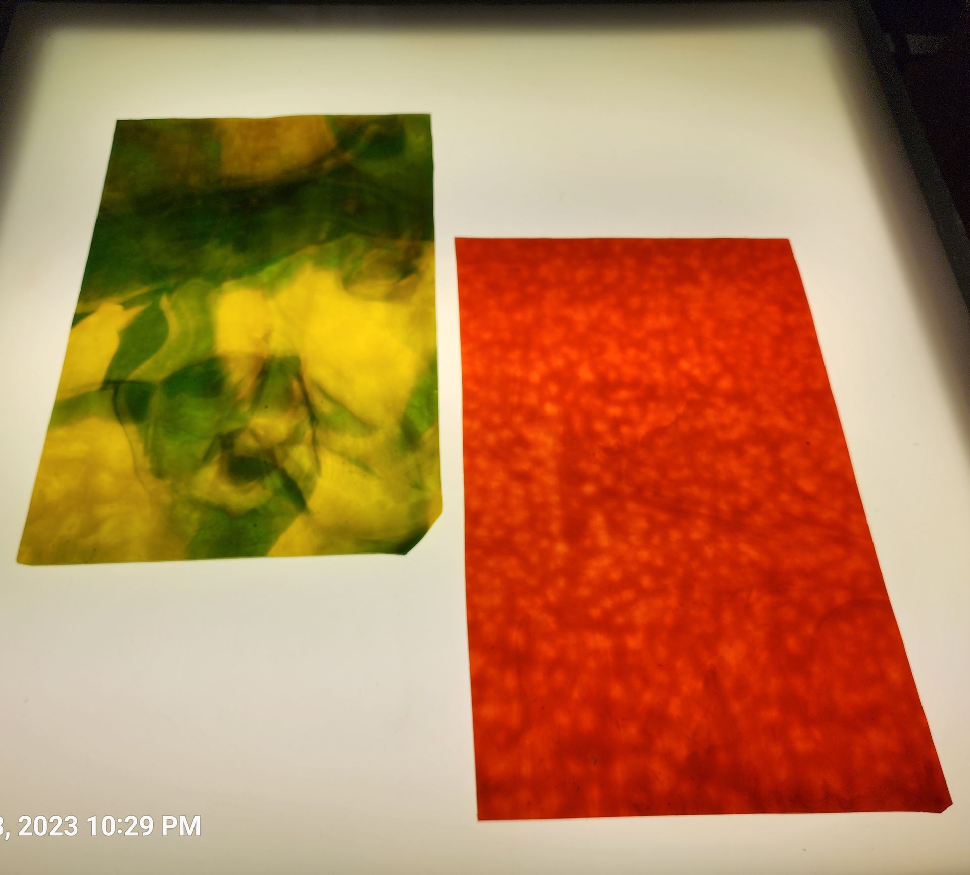 Sheet Glass from Chicago Art Glass, Hartford, WI. Green and gold swirl and red mottled glass. 
Hartford, Wisconsin