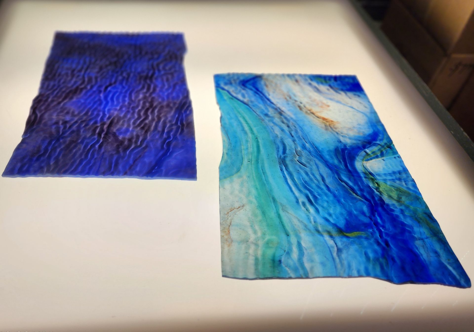 Chicago Art Glass sheets in ripple texture in brilliant colors of cobalt blue and sea blue. 