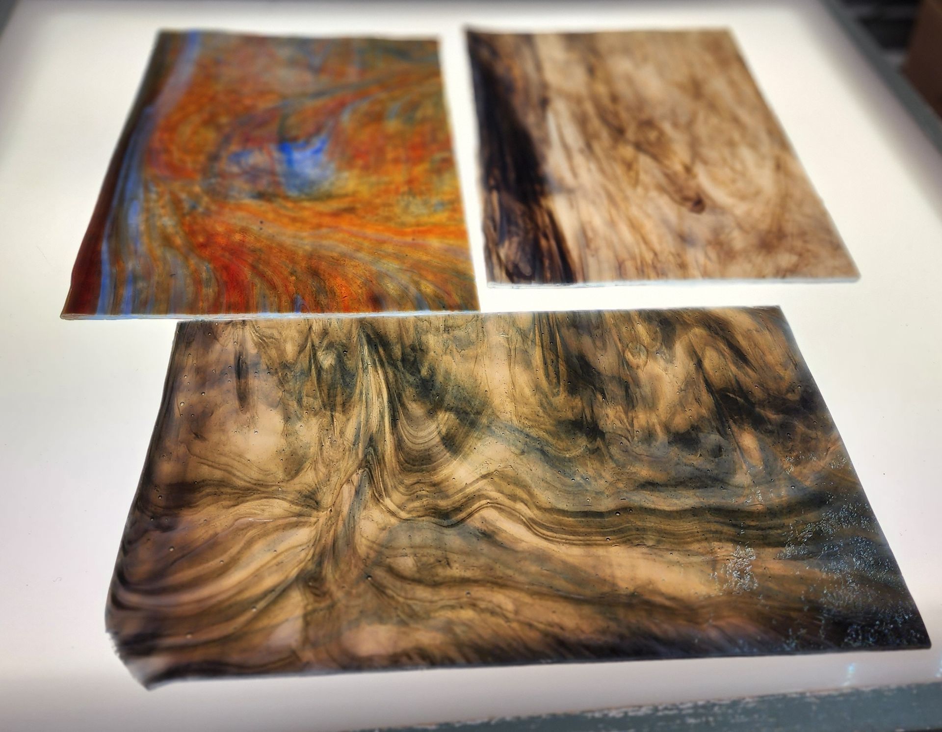 Rare sheets of Chicago Art Glass for sale-landscape browns & bright orange & blue swirl-stained glass studio in WI. 