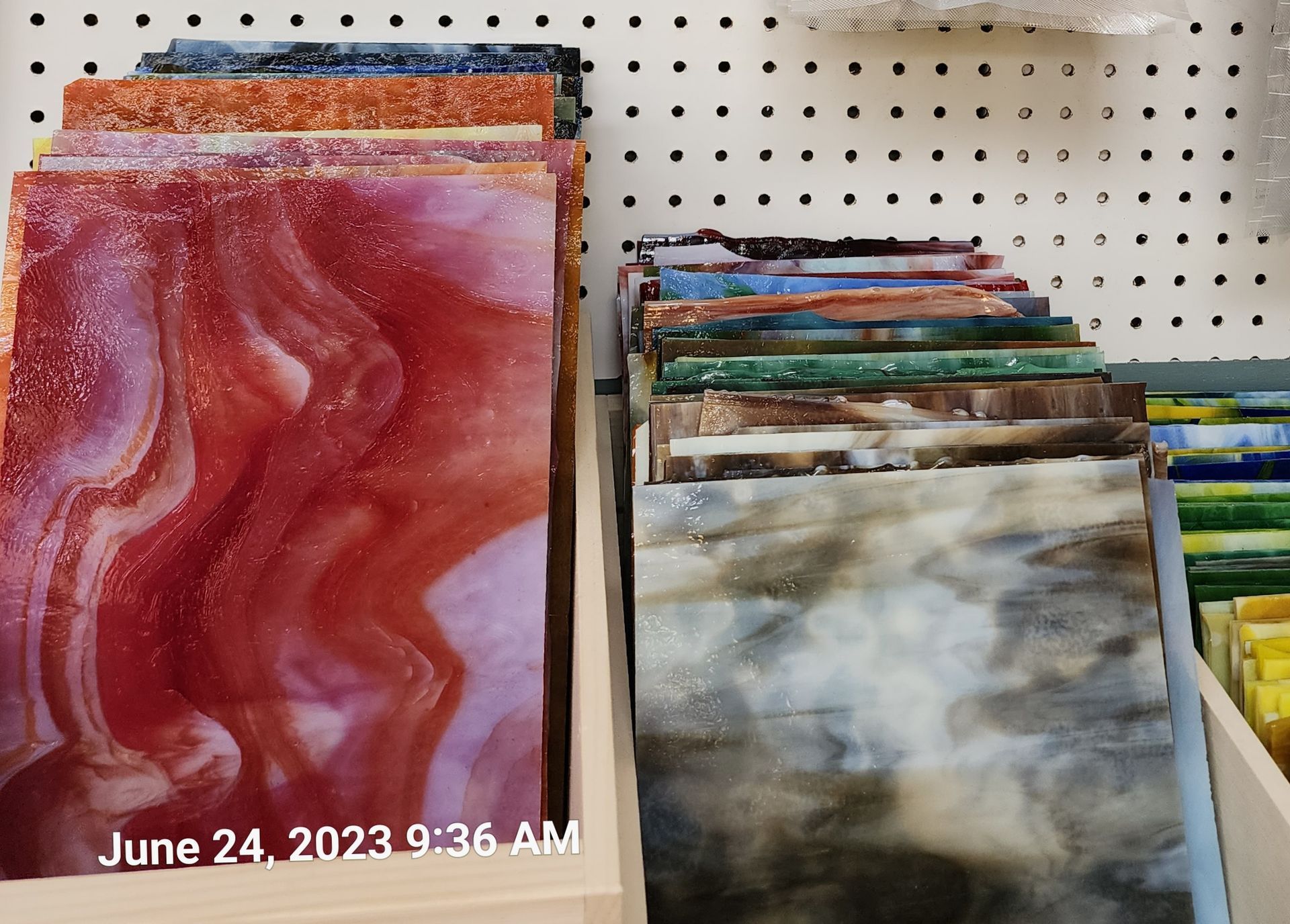 Hundreds of pieces of Chicago Art Glass for sale at Hartford, Wisconsin Stained Glass Shop. 