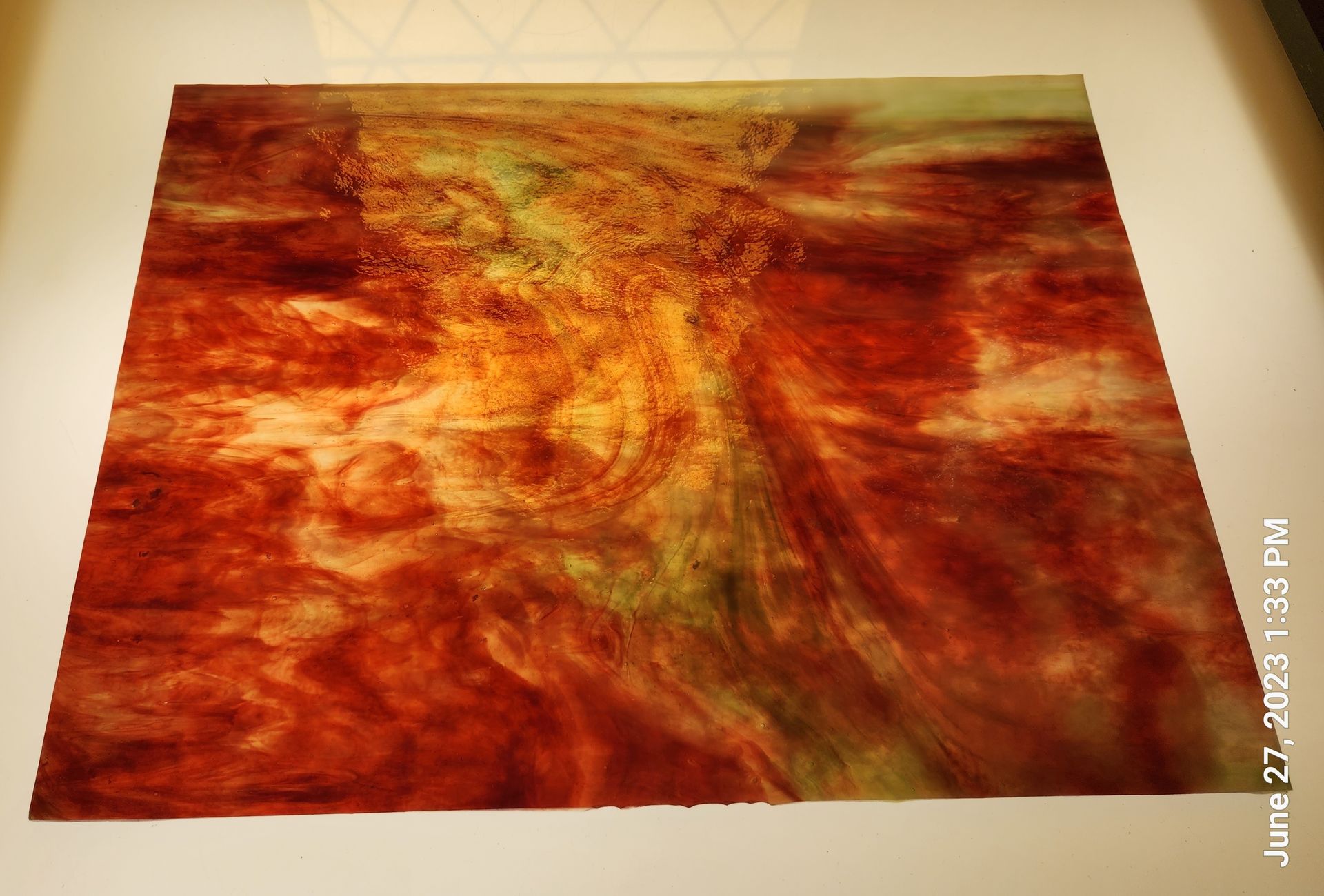 Chicago Art Glass sheet glass in vibrant red color with slight green and yellow undertones. 