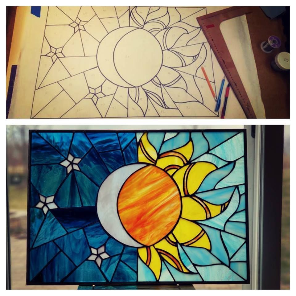 Completed student project of sun and moon in bright blue, orange & yellow colors at Hen Picked Antiques & Stained Glass WI. 