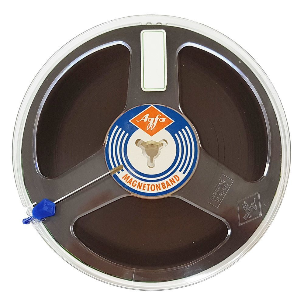 Vintage Agfa magnetic tape reel in gray and brown with blue label and clear plastic band on top