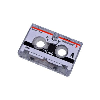 Clear audio cassette tape with two reels, labeled MC-60 and A, on a white background