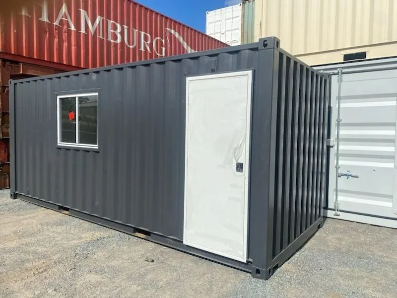 A Dark Grey Shipping Container Converted Into an Office — East Coast Containers Shipping Containers and Transport in Chevallum, QLD A Dark Grey Shipping Container Converted — East Coast Containers Shipping Containers and Transport in Chevallum, QLD