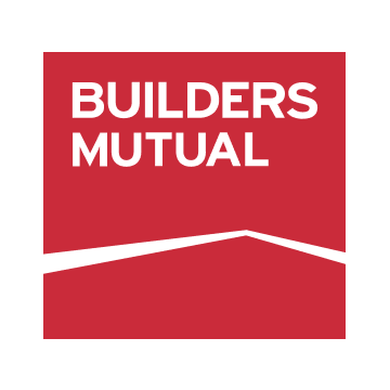 Builders Mutual logo on red background with white text and roofline graphic