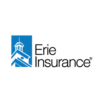 Erie Insurance logo with blue building icon and black text on white background
