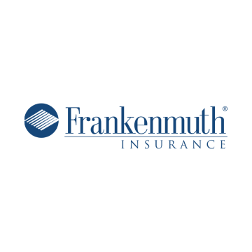 Frankenmuth Insurance logo in blue and white with circular striped emblem