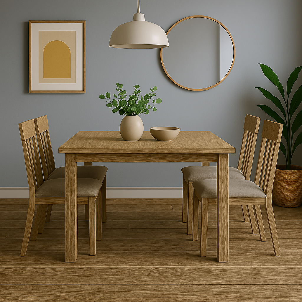 Una mesa de comedor de roble claro con cuatro sillas acolchadas a juego en una habitación moderna con lámpara colgante, espejo y planta.