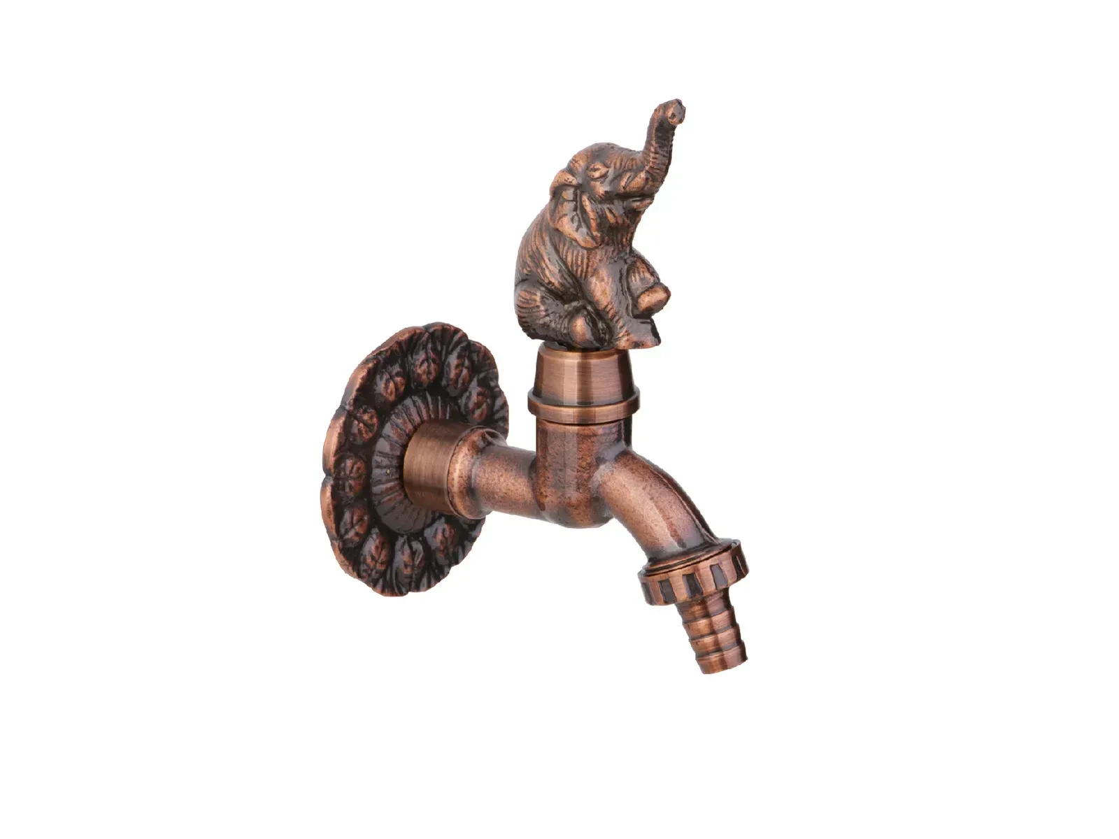 Un grifo de pared decorativo de color cobre que presenta un mango en forma de elefante y una placa de montaje con diseño floral.