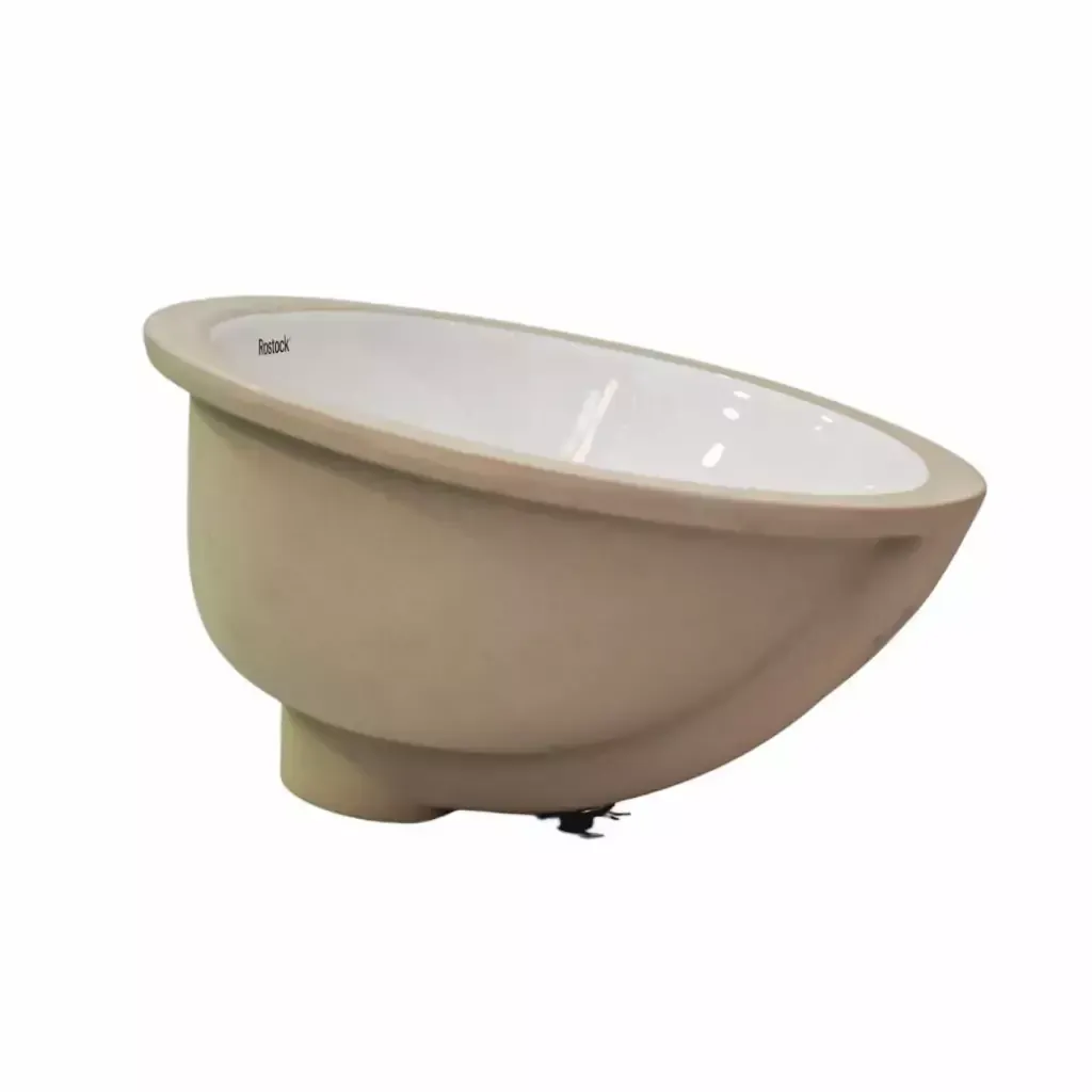 Un lavabo bajo encimera para baño de forma ovalada, de color blanco, con un desagüe central y un orificio de desbordamiento circular en la parte inferior.