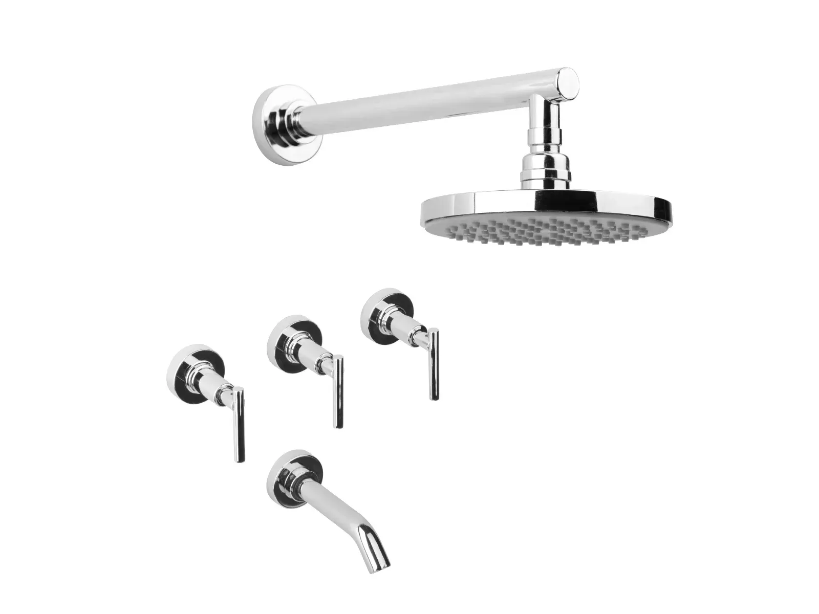 Un grifo para baño de cromo pulido de gran alcance con dos manijas en forma de T y un caño curvo.