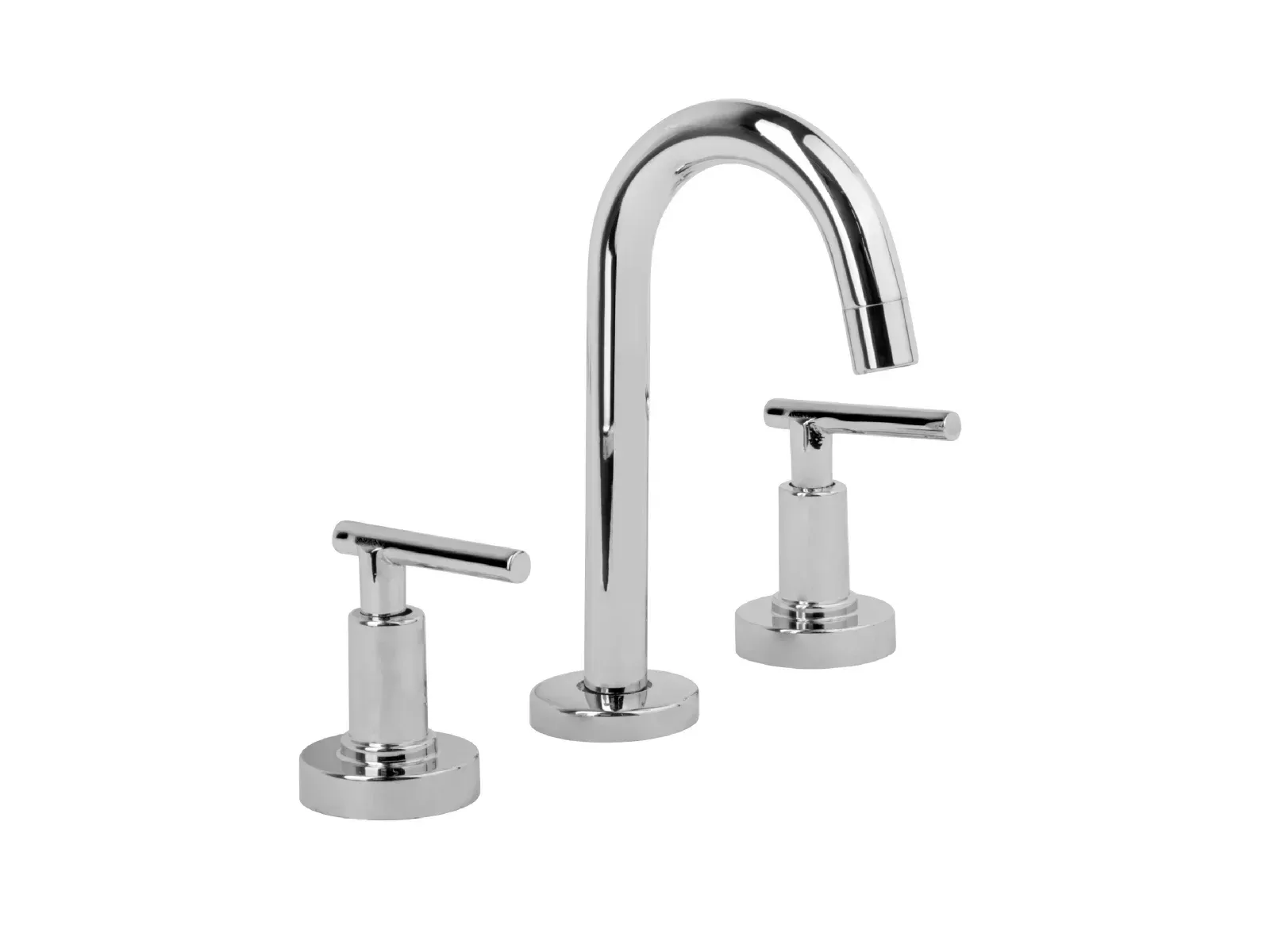 Un grifo para baño de cromo pulido de gran alcance con dos manijas en forma de T y un caño curvo.