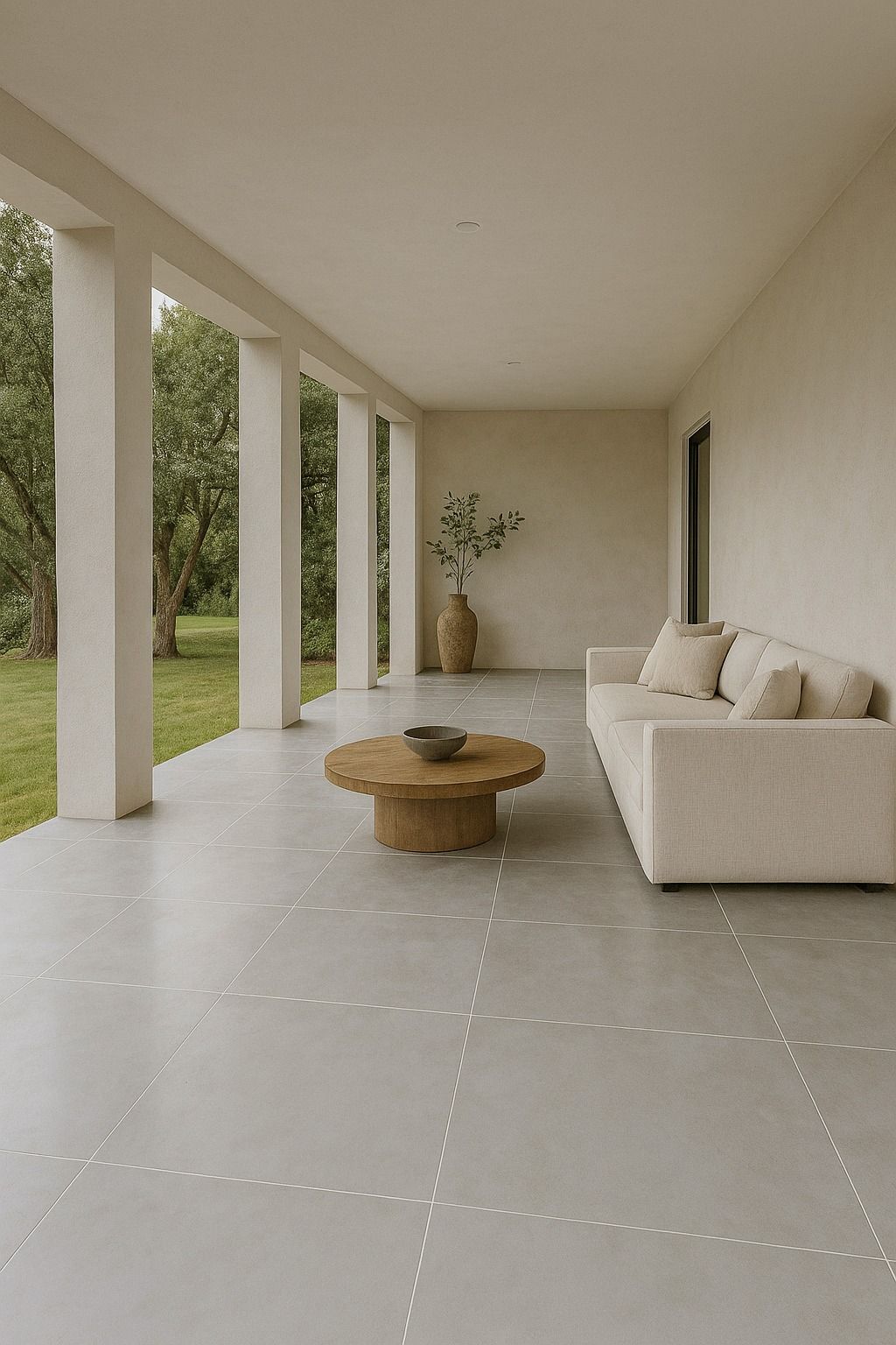 Un porche cubierto minimalista con columnas blancas, un sofá de color claro, una mesa de centro redonda de madera y una planta en maceta.