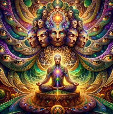 Meditating figure surrounded by colorful, psychedelic faces and eyes. Spiritual enlightenment theme.