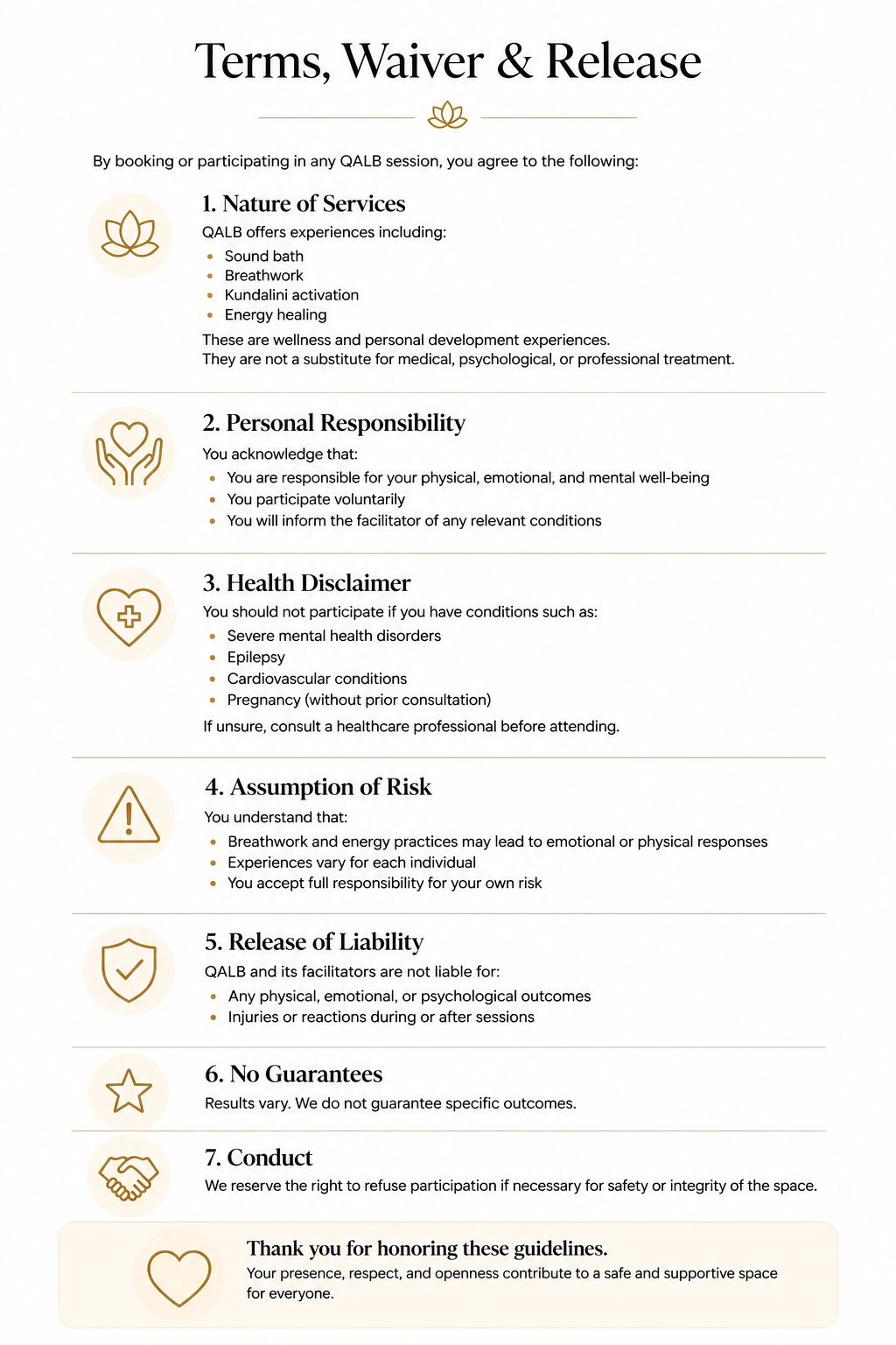 Terms, Waiver & Release document with seven sections and gold icons on a white background