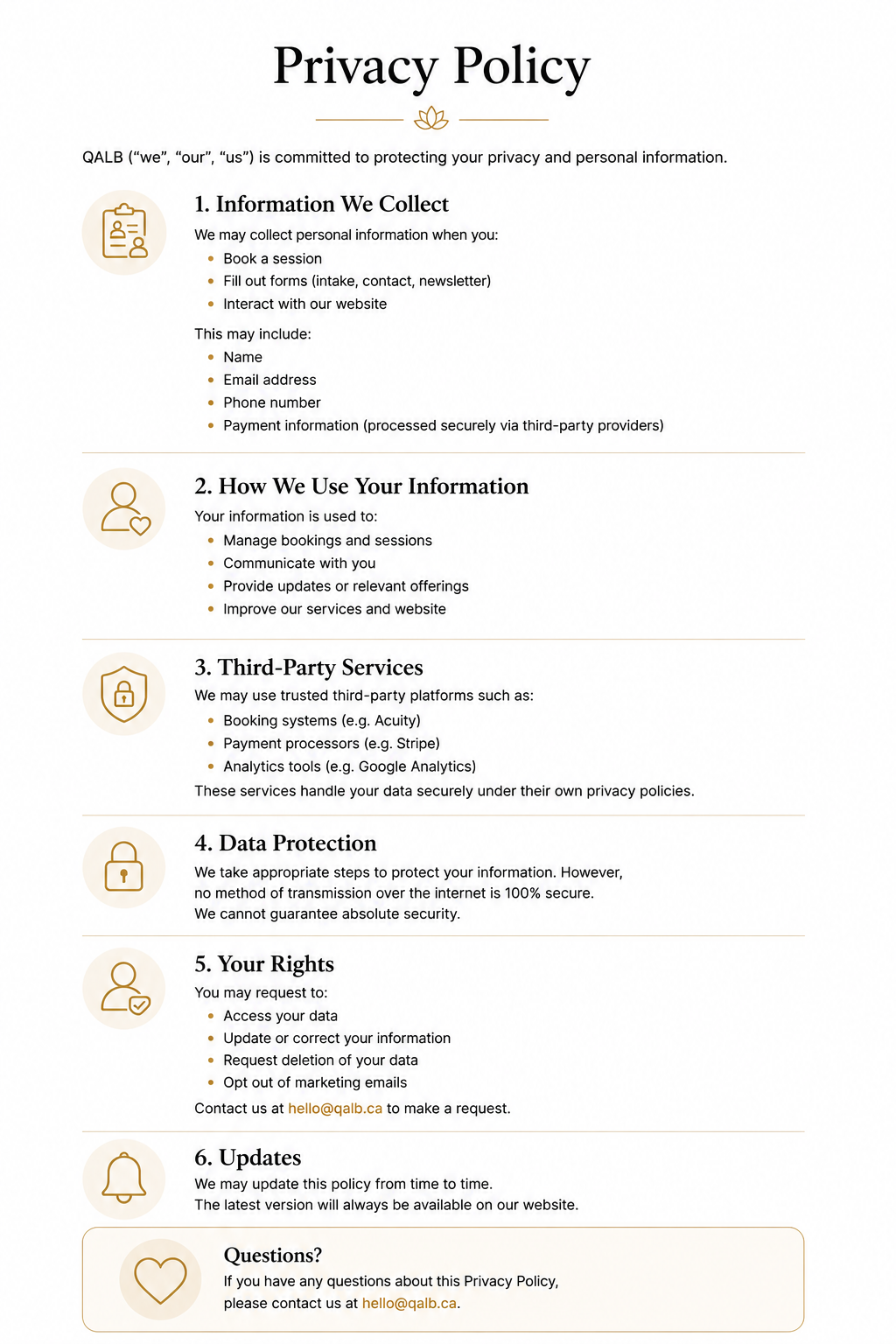 Privacy policy page with six numbered sections and a beige help box at the bottom.