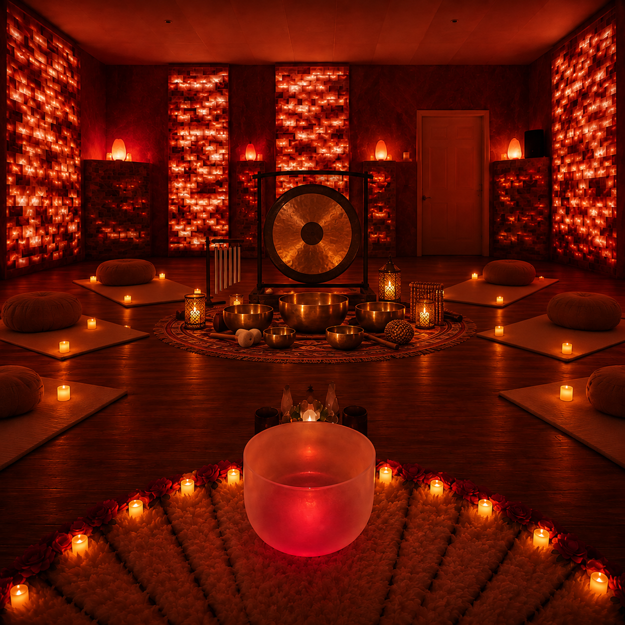 Dim red-lit meditation room with candles, a gong, and a glowing frosted bowl in the foreground