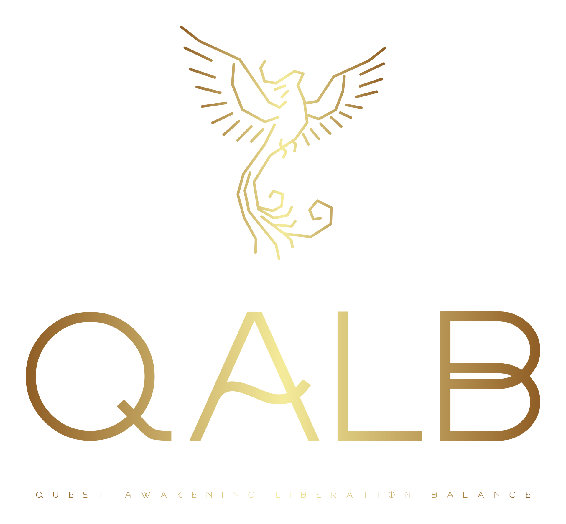 Gold phoenix above the letters QALB in gold. Below, small text: