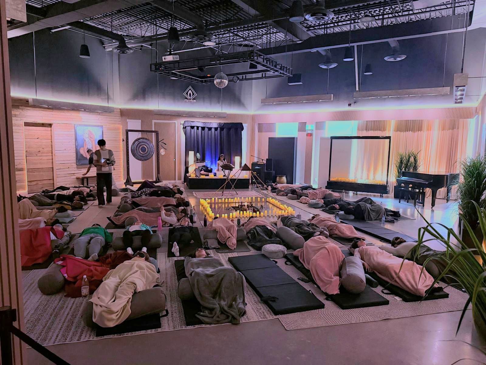 Crystal singing bowls arranged for sound bath and Kundalini activation session in Mississauga