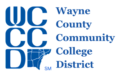Wayne County Community College District logo in blue with stylized WCC letters and map outline