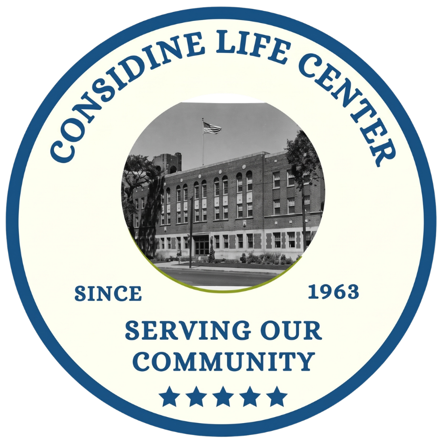 Considine Life Center logo with building photo, “Serving Our Community,” and “Since 1963” text in blue circle