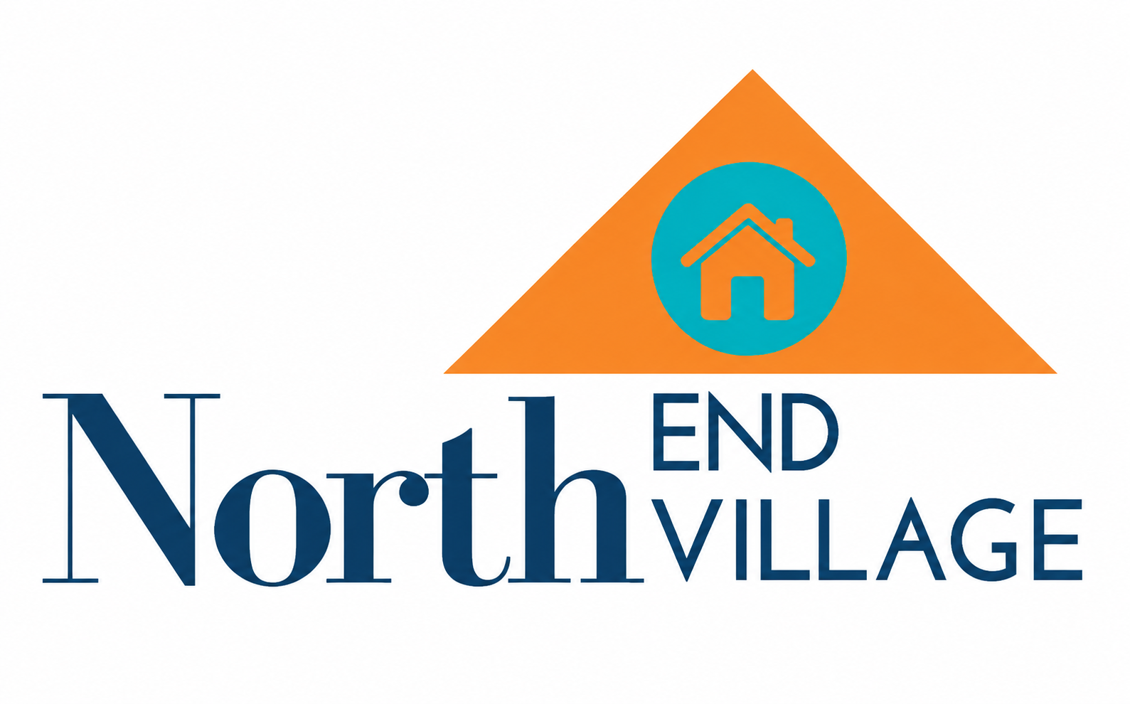 NorthEnd Village logo featuring blue text with an orange triangle and teal home icon above the name.