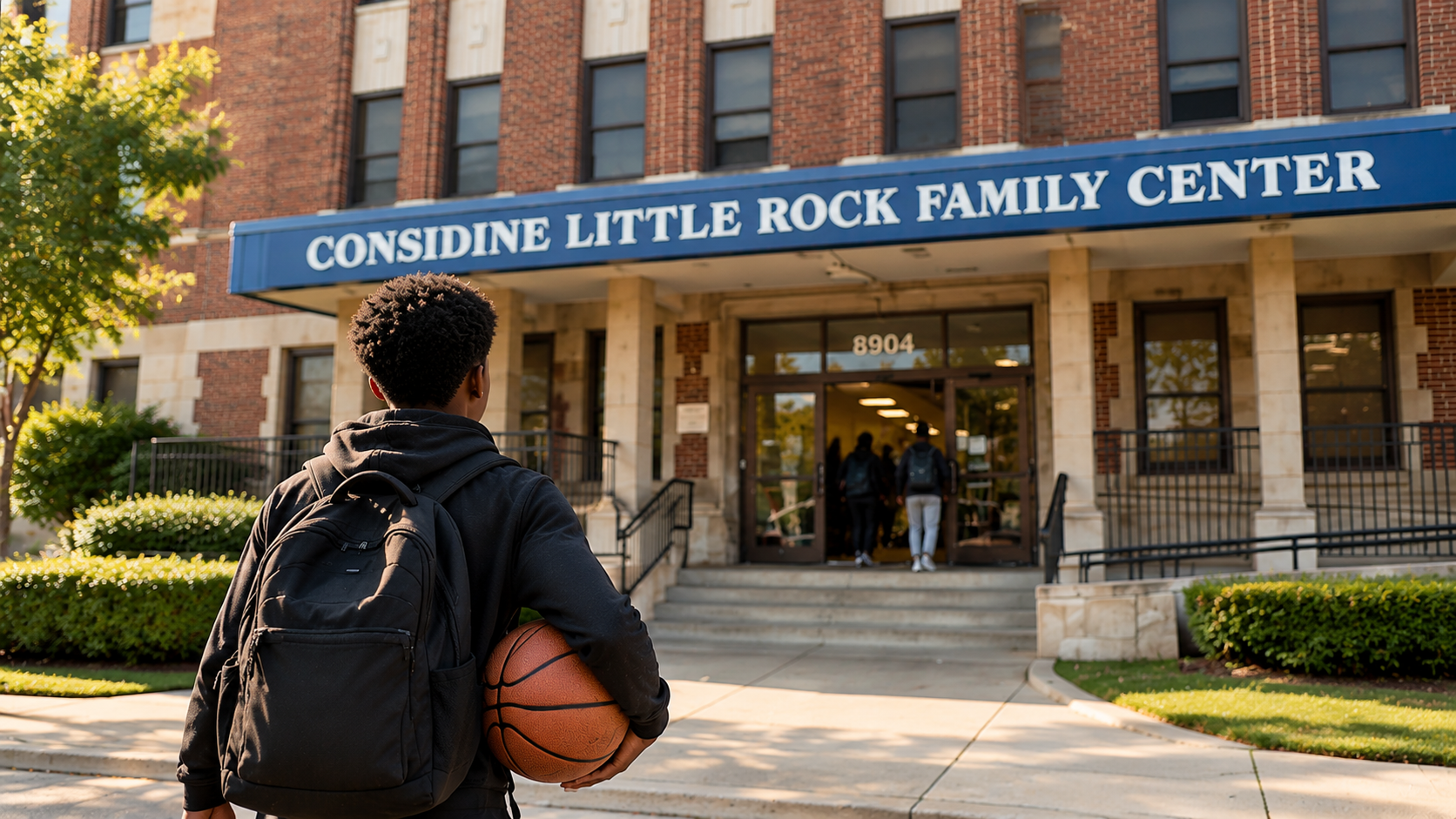 Person with backpack and basketball walking toward Considine Little Rock Family Center entrance.