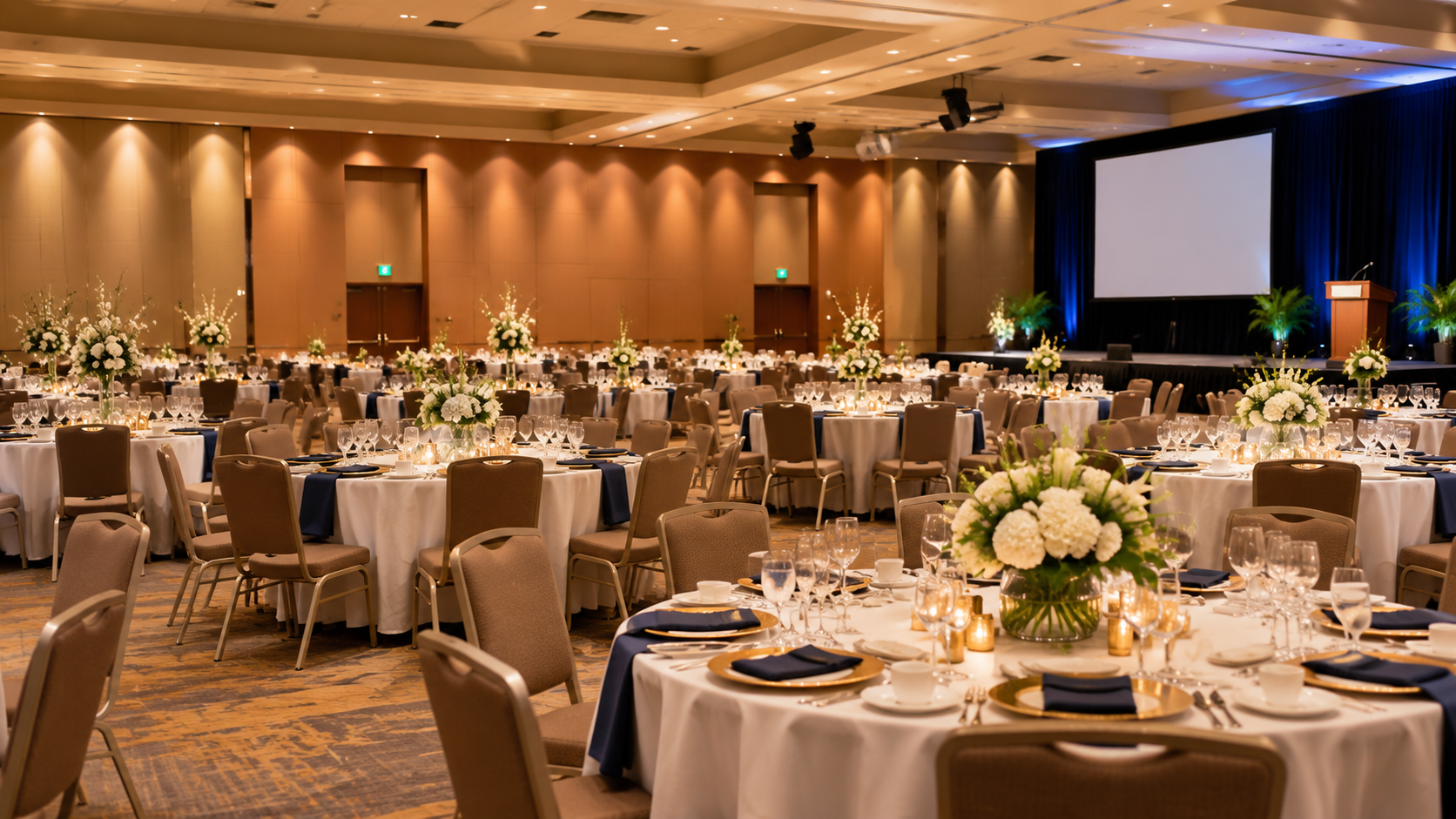 Elegant banquet hall with round tables, white chairs, floral centerpieces, and a large presentation screen
