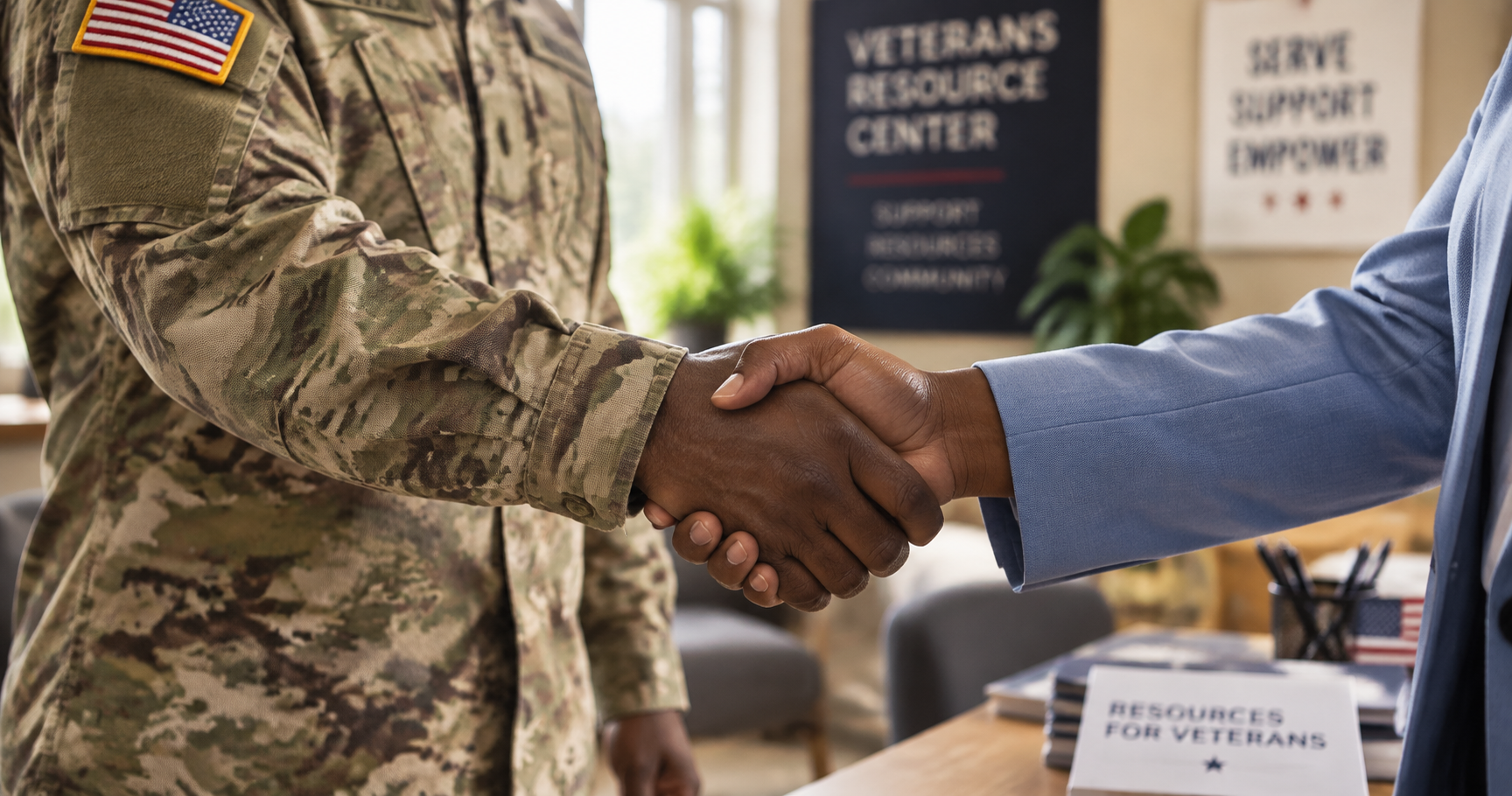 Soldier shakes hands with a person at a Veterans Resource Center desk