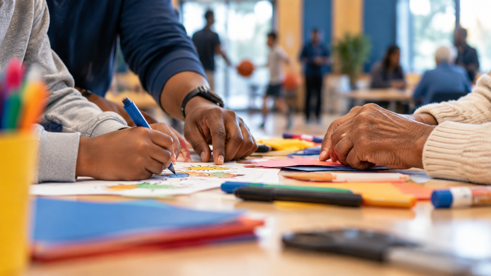 Hands drawing on colorful papers at a table in a bright classroom or workshop