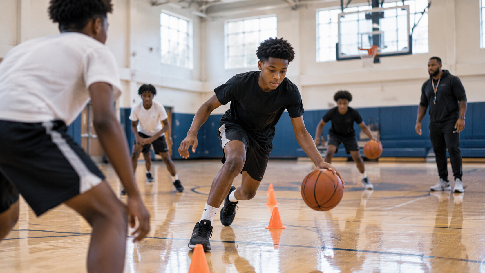 Basketball players practicing dribbling drills in a gym with orange cones on the court