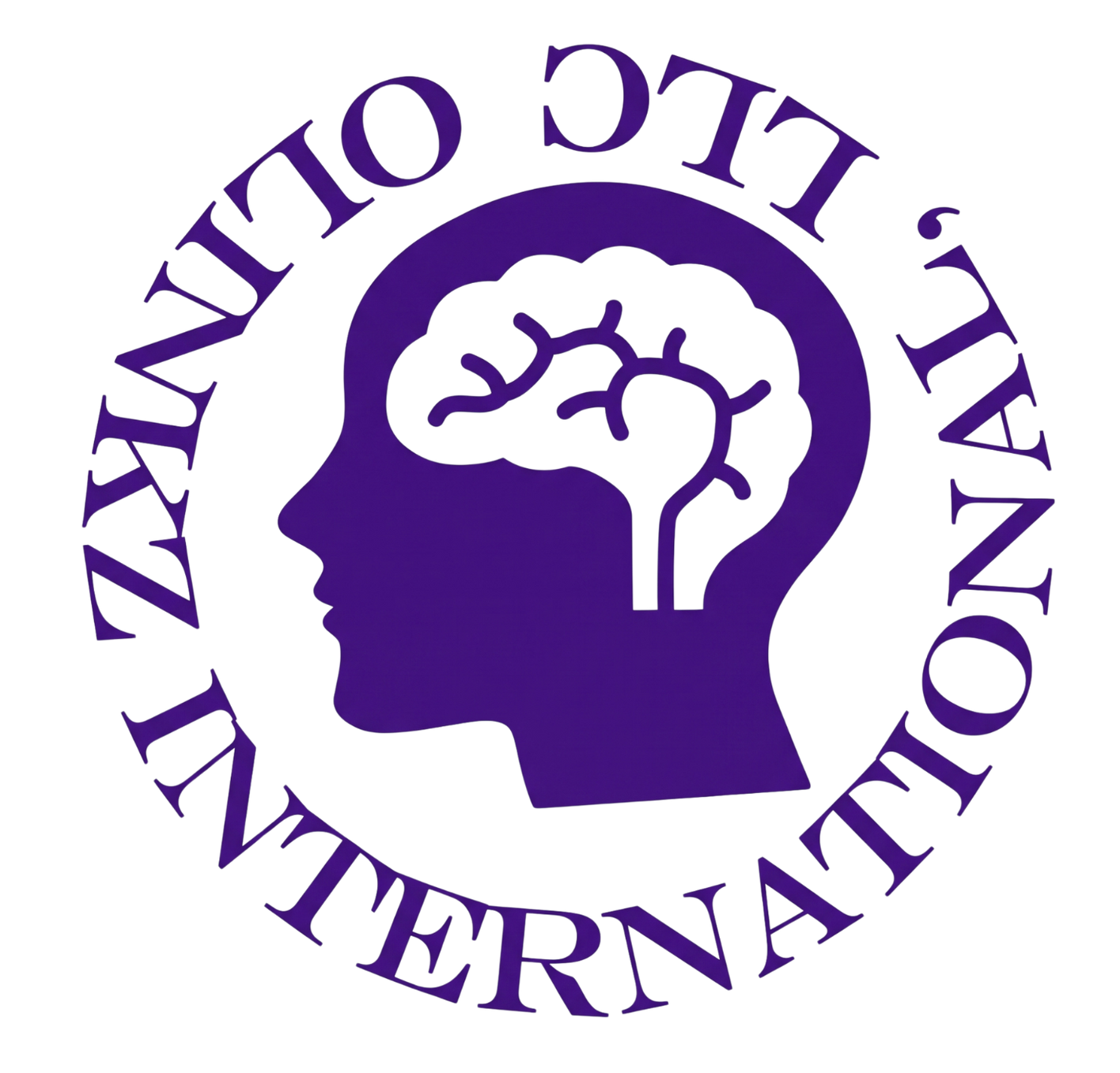 Purple circular logo with a human head profile and brain icon, surrounded by text