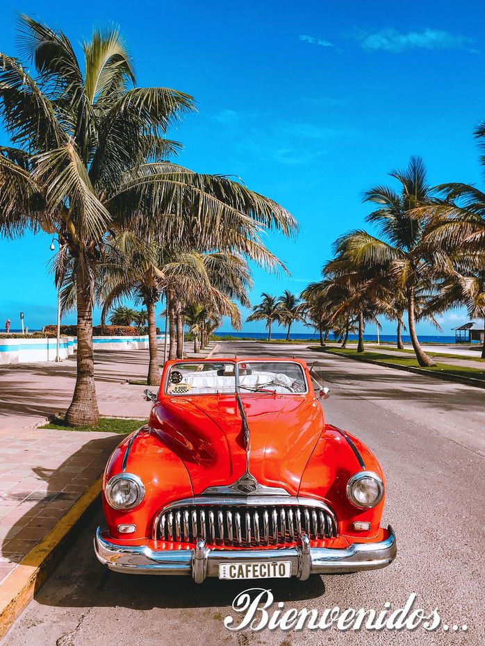 Red vintage car parked on a road lined with palm trees under a bright blue sky; 