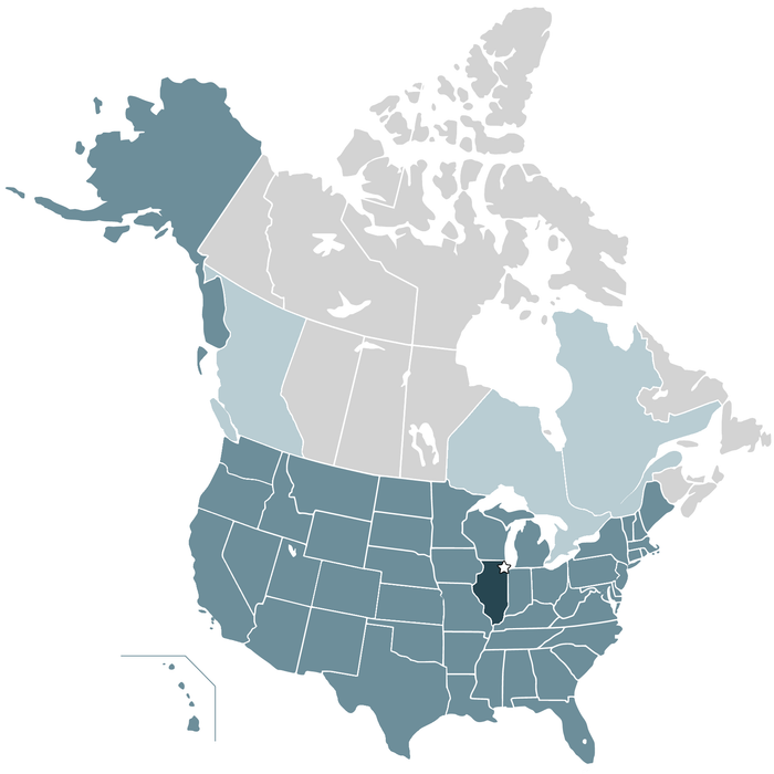 Map of United States and Canada showing the availability of WickRight parapet vent and roof vent to contractors